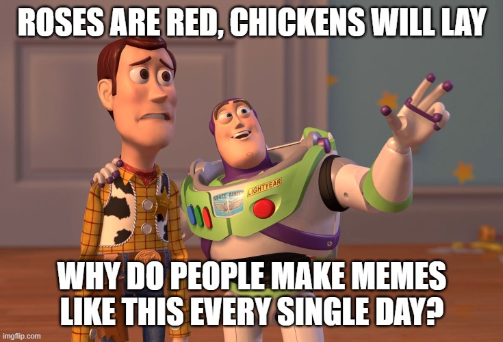 why is this happening?! | ROSES ARE RED, CHICKENS WILL LAY; WHY DO PEOPLE MAKE MEMES LIKE THIS EVERY SINGLE DAY? | image tagged in memes,x x everywhere,funny,chicken cow,useless tag,meow | made w/ Imgflip meme maker