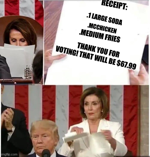Expensive | RECEIPT:; .1 LARGE SODA; .MEDIUM FRIES; .MCCHICKEN; THANK YOU FOR VOTING! THAT WILL BE $67.99 | image tagged in nancy pelosi rips paper,oof,political meme | made w/ Imgflip meme maker