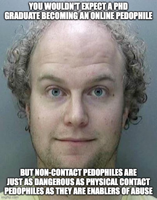 Matthew Falder | YOU WOULDN'T EXPECT A PHD GRADUATE BECOMING AN ONLINE PEDOPHILE; BUT NON-CONTACT PEDOPHILES ARE JUST AS DANGEROUS AS PHYSICAL CONTACT PEDOPHILES AS THEY ARE ENABLERS OF ABUSE | image tagged in pedophile,memes | made w/ Imgflip meme maker