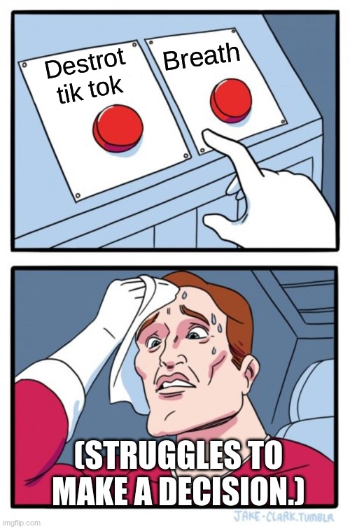 Two Buttons Meme | Breath; Destrot tik tok; (STRUGGLES TO MAKE A DECISION.) | image tagged in memes,two buttons | made w/ Imgflip meme maker