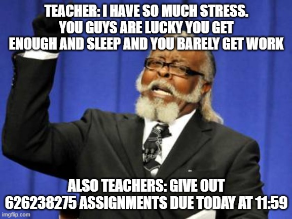 Too Damn High Meme |  TEACHER: I HAVE SO MUCH STRESS. YOU GUYS ARE LUCKY YOU GET ENOUGH AND SLEEP AND YOU BARELY GET WORK; ALSO TEACHERS: GIVE OUT 626238275 ASSIGNMENTS DUE TODAY AT 11:59 | image tagged in memes,too damn high | made w/ Imgflip meme maker