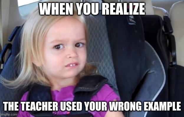 Side Eyeing Chloe | WHEN YOU REALIZE; THE TEACHER USED YOUR WRONG EXAMPLE | image tagged in side eyeing chloe | made w/ Imgflip meme maker