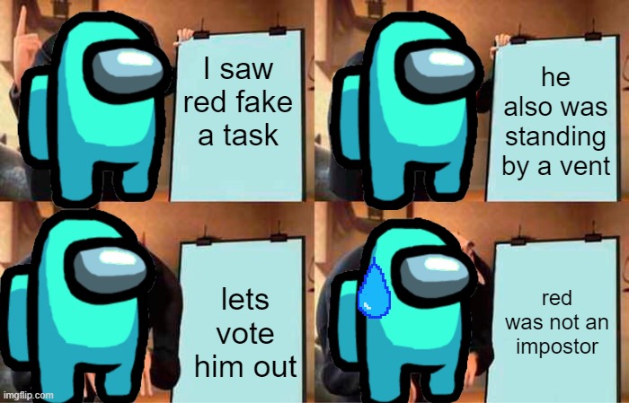 Among Us be like | I saw red fake a task; he also was standing by a vent; red was not an impostor; lets vote him out | image tagged in memes,gru's plan | made w/ Imgflip meme maker