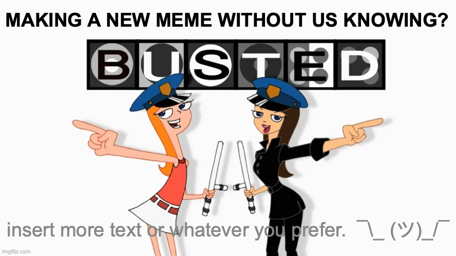 Making a new custom template meme? BUSTED. | MAKING A NEW MEME WITHOUT US KNOWING? insert more text or whatever you prefer.  ¯\_ (ツ)_/¯ | image tagged in you got busted,phineas and ferb,custom template,cartoon,memes,song | made w/ Imgflip meme maker
