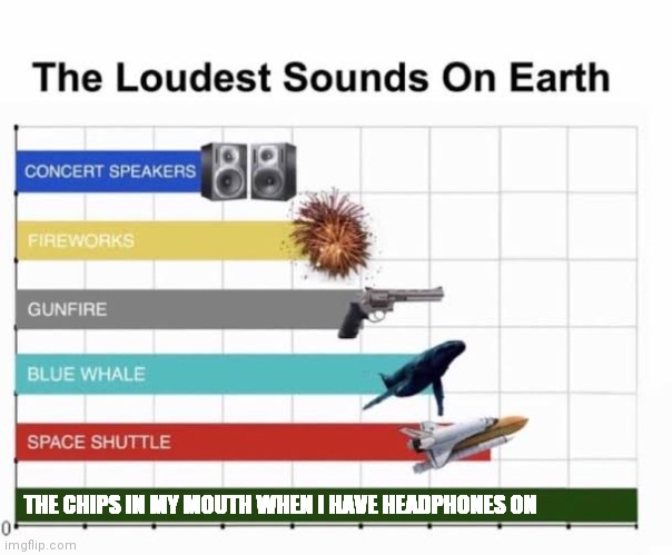 The Loudest Sounds on Earth | THE CHIPS IN MY MOUTH WHEN I HAVE HEADPHONES ON | image tagged in the loudest sounds on earth | made w/ Imgflip meme maker