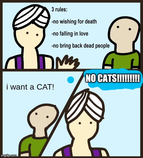 Genie Rules Meme | NO CATS!!!!!!!!! i want a CAT! | image tagged in genie rules meme | made w/ Imgflip meme maker