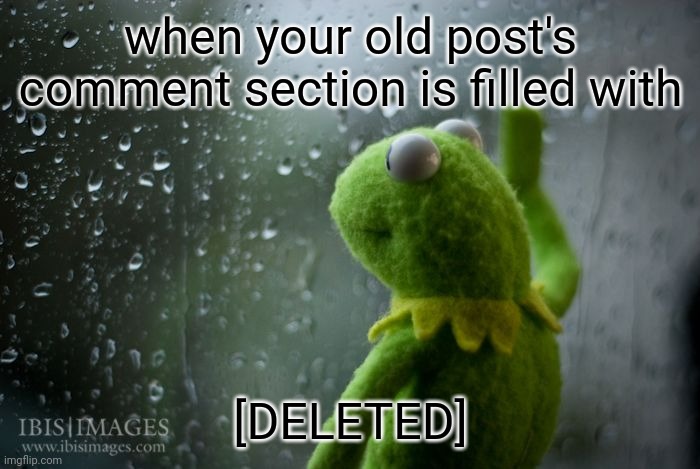 sigh | when your old post's comment section is filled with; [DELETED] | image tagged in kermit window | made w/ Imgflip meme maker