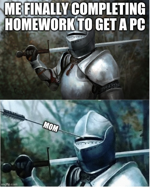 Knight with arrow in helmet | ME FINALLY COMPLETING HOMEWORK TO GET A PC; MOM | image tagged in knight with arrow in helmet | made w/ Imgflip meme maker