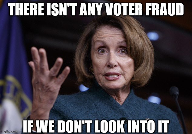 Good old Nancy Pelosi | THERE ISN'T ANY VOTER FRAUD; IF WE DON'T LOOK INTO IT | image tagged in good old nancy pelosi,election 2020,voter fraud,donald trump,well yes but actually no,memes | made w/ Imgflip meme maker