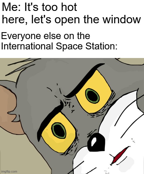 meme | Me: It's too hot here, let's open the window; Everyone else on the International Space Station: | image tagged in memes,unsettled tom,funny | made w/ Imgflip meme maker