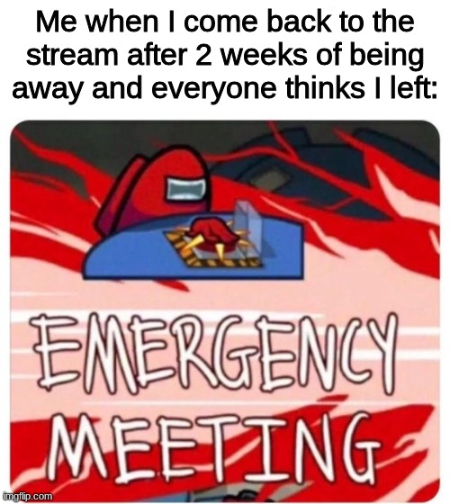 dont know what to put here | Me when I come back to the stream after 2 weeks of being away and everyone thinks I left: | image tagged in emergency meeting among us,orange_official,i didnt leave,xd,memes | made w/ Imgflip meme maker