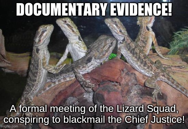 Documentary Evidence! | DOCUMENTARY EVIDENCE! A formal meeting of the Lizard Squad, conspiring to blackmail the Chief Justice! | image tagged in lizard squad | made w/ Imgflip meme maker