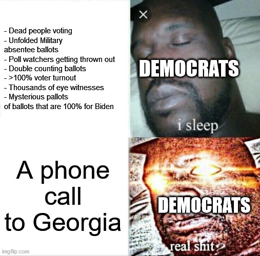 If you say voter fraud exists you're racist | - Dead people voting
- Unfolded Military absentee ballots
- Poll watchers getting thrown out
- Double counting ballots
- >100% voter turnout
- Thousands of eye witnesses
- Mysterious pallots of ballots that are 100% for Biden; DEMOCRATS; A phone call to Georgia; DEMOCRATS | image tagged in memes,sleeping shaq,voter fraud,election 2020,democratic party | made w/ Imgflip meme maker