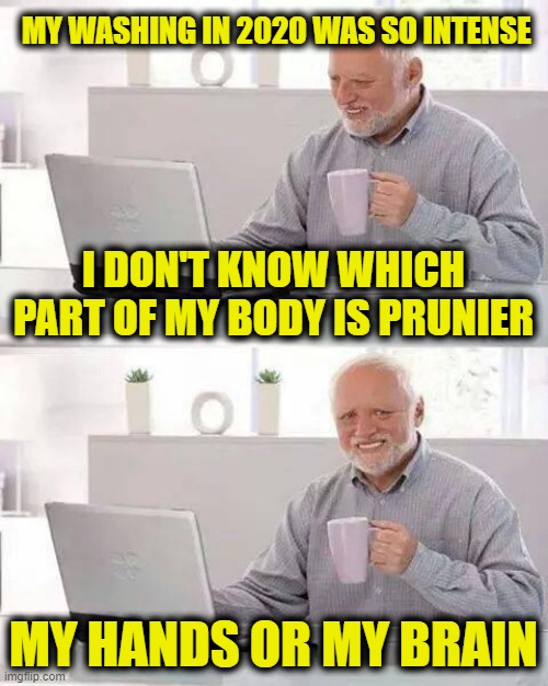 Hide the Pain Harold | MY WASHING IN 2020 WAS SO INTENSE; I DON'T KNOW WHICH PART OF MY BODY IS PRUNIER; MY HANDS OR MY BRAIN | image tagged in memes,hide the pain harold | made w/ Imgflip meme maker