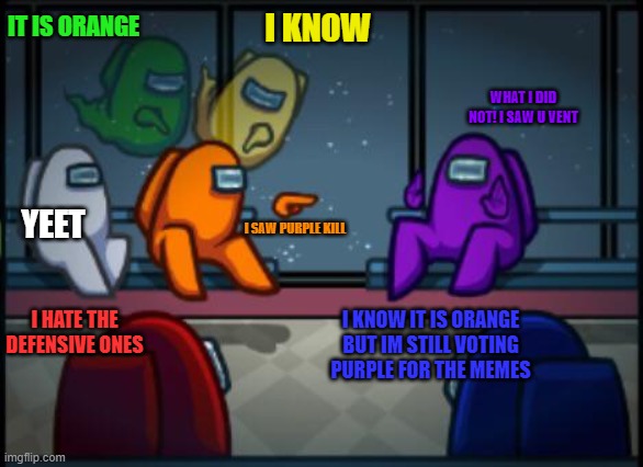 Among us blame |  IT IS ORANGE; I KNOW; WHAT I DID NOT! I SAW U VENT; YEET; I SAW PURPLE KILL; I HATE THE DEFENSIVE ONES; I KNOW IT IS ORANGE BUT IM STILL VOTING PURPLE FOR THE MEMES | image tagged in among us blame | made w/ Imgflip meme maker