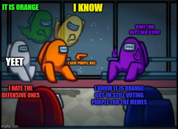 Among us blame | IT IS ORANGE; I KNOW; WHAT I DID NOT! I SAW U VENT; YEET; I SAW PURPLE KILL; I HATE THE DEFENSIVE ONES; I KNOW IT IS ORANGE BUT IM STILL VOTING PURPLE FOR THE MEMES | image tagged in among us blame | made w/ Imgflip meme maker