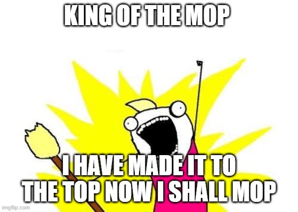 mop man | KING OF THE MOP; I HAVE MADE IT TO THE TOP NOW I SHALL MOP | image tagged in memes,x all the y | made w/ Imgflip meme maker