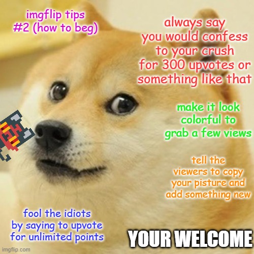 Doge Meme | always say you would confess to your crush for 300 upvotes or something like that; imgflip tips #2 (how to beg); make it look colorful to grab a few views; tell the viewers to copy your pisture and add something new; fool the idiots by saying to upvote for unlimited points; YOUR WELCOME | image tagged in memes,doge | made w/ Imgflip meme maker