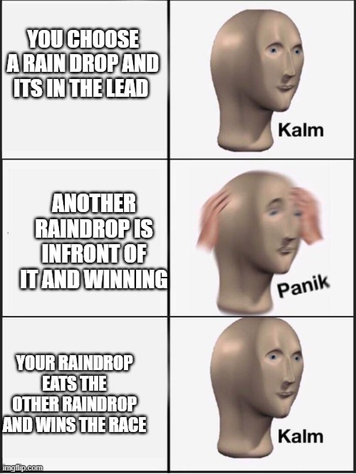rainy day fun meme | YOU CHOOSE A RAIN DROP AND ITS IN THE LEAD; ANOTHER RAINDROP IS INFRONT OF IT AND WINNING; YOUR RAINDROP EATS THE OTHER RAINDROP AND WINS THE RACE | image tagged in kalm panik kalm,winner,meme | made w/ Imgflip meme maker
