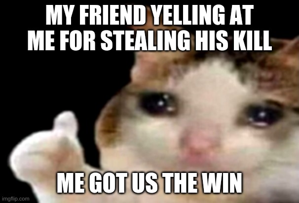 Sad cat thumbs up |  MY FRIEND YELLING AT ME FOR STEALING HIS KILL; ME GOT US THE WIN | image tagged in sad cat thumbs up | made w/ Imgflip meme maker