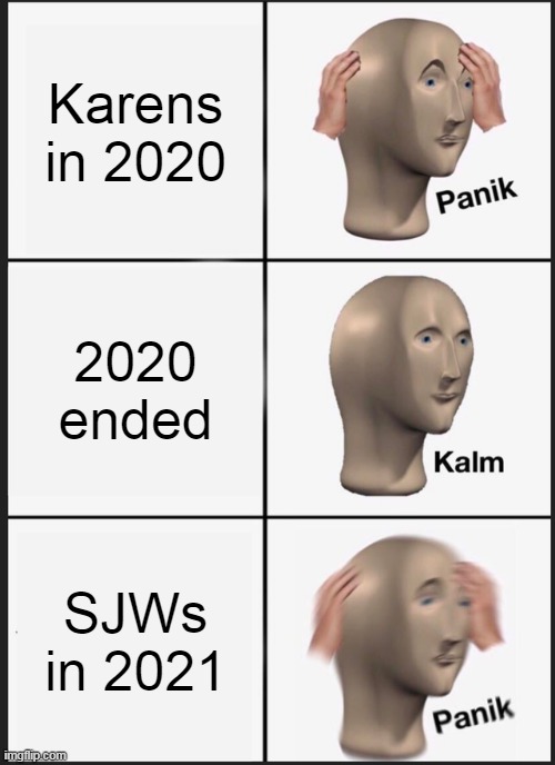 Aww shet, here we go again. | Karens in 2020; 2020 ended; SJWs in 2021 | image tagged in memes,panik kalm panik,aww shet,here we go again,sjw,karen | made w/ Imgflip meme maker