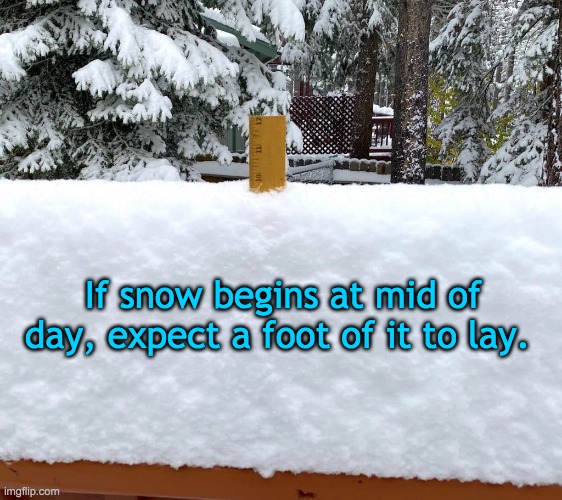 If snow begins at mid of day, expect a foot of it to lay. | image tagged in snow,lore | made w/ Imgflip meme maker