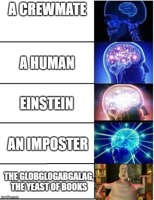 true? | A CREWMATE; A HUMAN; EINSTEIN; AN IMPOSTER; THE GLOBGLOGABGALAG, THE YEAST OF BOOKS | image tagged in expanding brain 5 panel,globby | made w/ Imgflip meme maker