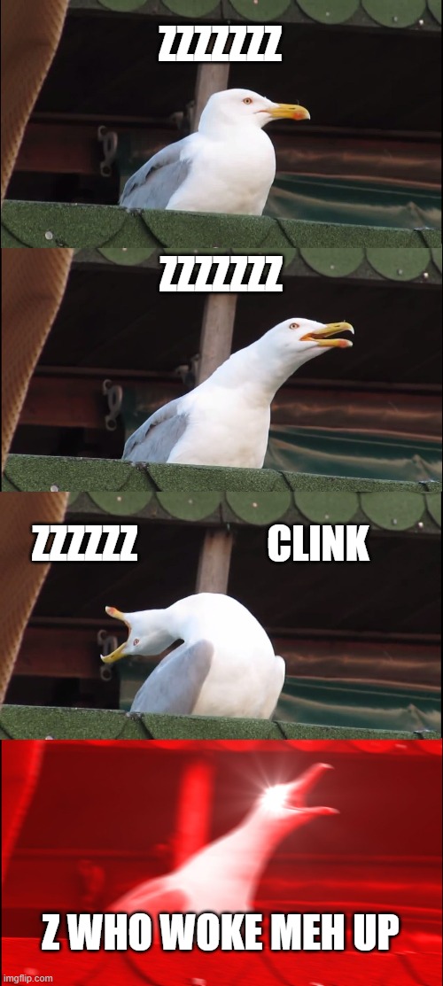 Inhaling Seagull Meme | ZZZZZZZ; ZZZZZZZ; CLINK; ZZZZZZ; Z WHO WOKE MEH UP | image tagged in memes,inhaling seagull | made w/ Imgflip meme maker