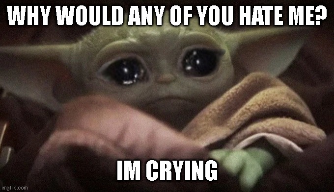 Crying Baby Yoda | WHY WOULD ANY OF YOU HATE ME? IM CRYING | image tagged in crying baby yoda | made w/ Imgflip meme maker