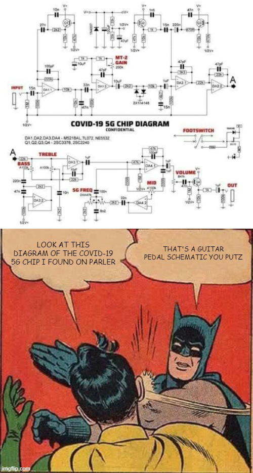 You are now entering "The Metal Zone" | LOOK AT THIS DIAGRAM OF THE COVID-19 5G CHIP I FOUND ON PARLER; THAT'S A GUITAR PEDAL SCHEMATIC YOU PUTZ | image tagged in memes,batman slapping robin,covid,conspiracy,5g,parler | made w/ Imgflip meme maker