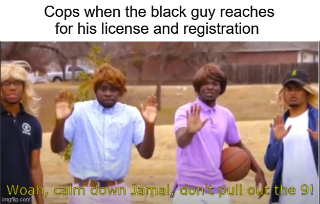 calm down jamal, you wouldn't get it. | Cops when the black guy reaches for his license and registration | image tagged in woah calm down jamal don't pull out the 9,calm down,funny,memes,jamal,police brutality | made w/ Imgflip meme maker