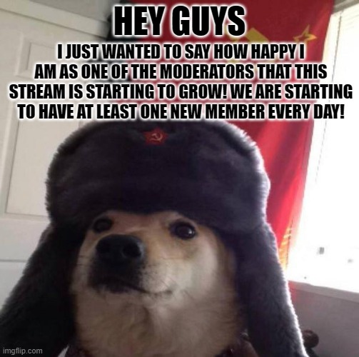 yay | HEY GUYS; I JUST WANTED TO SAY HOW HAPPY I AM AS ONE OF THE MODERATORS THAT THIS STREAM IS STARTING TO GROW! WE ARE STARTING TO HAVE AT LEAST ONE NEW MEMBER EVERY DAY! | image tagged in russian doge | made w/ Imgflip meme maker