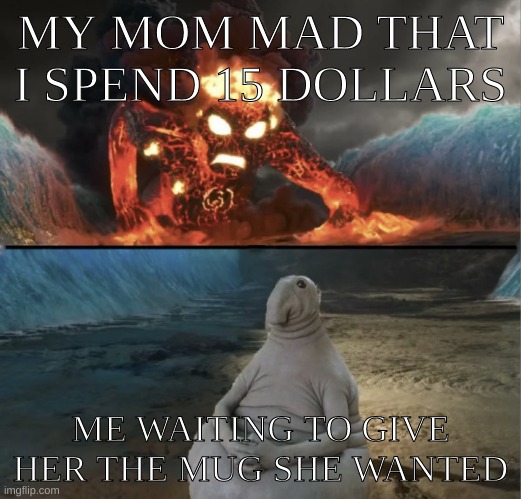 mom why you mad at me | MY MOM MAD THAT I SPEND 15 DOLLARS; ME WAITING TO GIVE HER THE MUG SHE WANTED | image tagged in zhdun sitting casually while te-ka is approaching | made w/ Imgflip meme maker