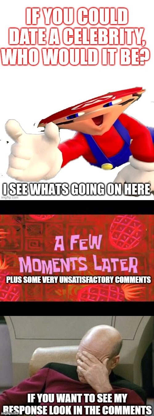 Look in the comments. | PLUS SOME VERY UNSATISFACTORY COMMENTS; IF YOU WANT TO SEE MY RESPONSE LOOK IN THE COMMENTS | image tagged in a few moments later,captain picard facepalm,smg4 | made w/ Imgflip meme maker