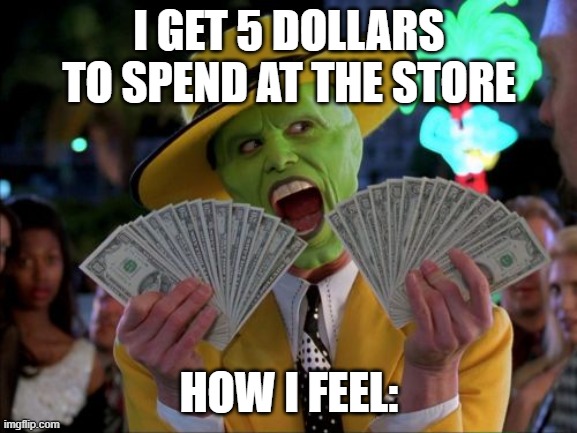 Money Money Meme |  I GET 5 DOLLARS TO SPEND AT THE STORE; HOW I FEEL: | image tagged in memes,money money | made w/ Imgflip meme maker