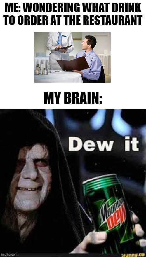 MOUTAIN DEWWWW | ME: WONDERING WHAT DRINK TO ORDER AT THE RESTAURANT; MY BRAIN: | image tagged in blank white template,dew it | made w/ Imgflip meme maker
