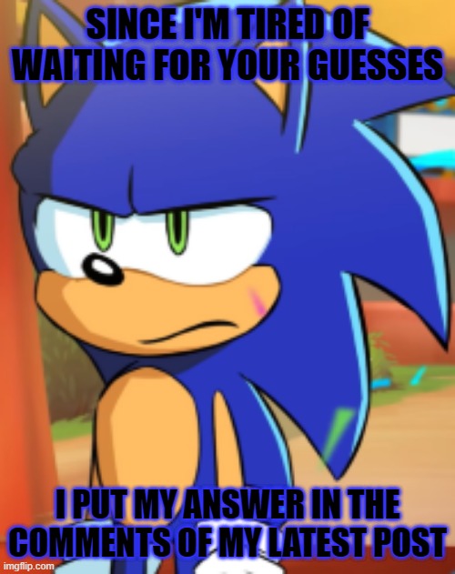 Not this image, link to the image with the answer in the comments. | SINCE I'M TIRED OF WAITING FOR YOUR GUESSES; I PUT MY ANSWER IN THE COMMENTS OF MY LATEST POST | image tagged in sonic bruh seriously,sonic the hedgehog,bruh | made w/ Imgflip meme maker
