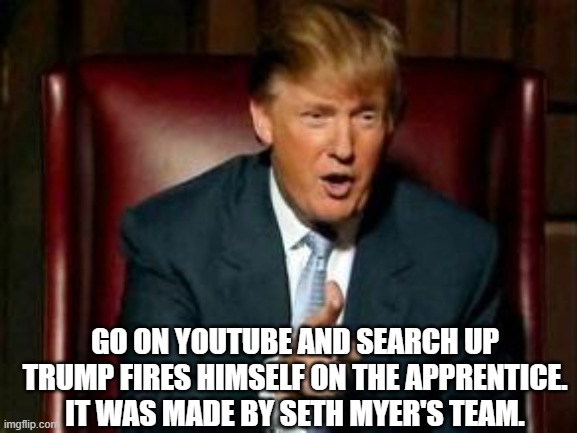 Absolutely hilarious | GO ON YOUTUBE AND SEARCH UP TRUMP FIRES HIMSELF ON THE APPRENTICE. IT WAS MADE BY SETH MYER'S TEAM. | image tagged in donald trump | made w/ Imgflip meme maker