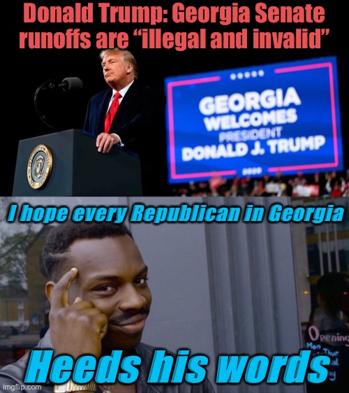 The election to determine control of the Senate tomorrow is illegal and invalid? Sure, go with that | Donald Trump: Georgia Senate runoffs are “illegal and invalid”; I hope every Republican in Georgia; Heeds his words | image tagged in donald trump georgia runoffs,memes,roll safe think about it,senate,trump is a moron,election 2020 | made w/ Imgflip meme maker