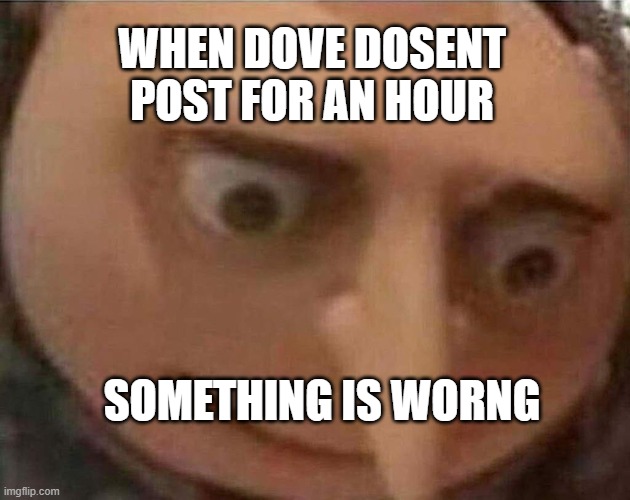 gru meme | WHEN DOVE DOSENT POST FOR AN HOUR; SOMETHING IS WORNG | image tagged in gru meme | made w/ Imgflip meme maker