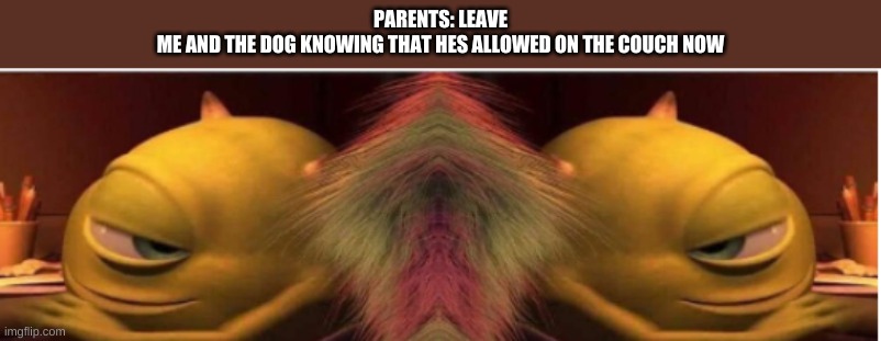 PARENTS: LEAVE
ME AND THE DOG KNOWING THAT HES ALLOWED ON THE COUCH NOW | image tagged in mike wazowski | made w/ Imgflip meme maker