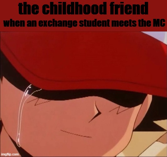 goodbye, MC | when an exchange student meets the MC; the childhood friend | image tagged in ash crying smiling | made w/ Imgflip meme maker