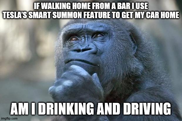 Drinking and Driving? | IF WALKING HOME FROM A BAR I USE TESLA’S SMART SUMMON FEATURE TO GET MY CAR HOME; AM I DRINKING AND DRIVING | image tagged in that is the question,tesla | made w/ Imgflip meme maker