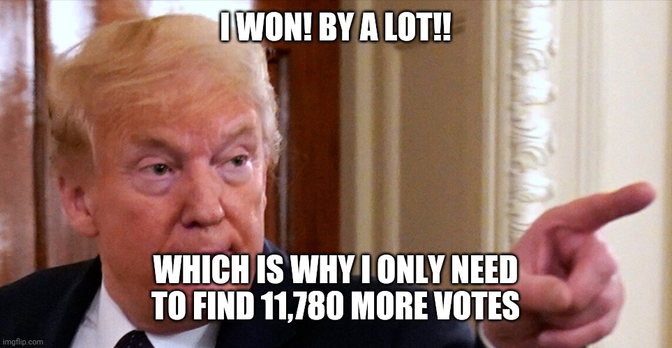 Trump pointing | I WON! BY A LOT!! WHICH IS WHY I ONLY NEED TO FIND 11,780 MORE VOTES | image tagged in trump pointing | made w/ Imgflip meme maker