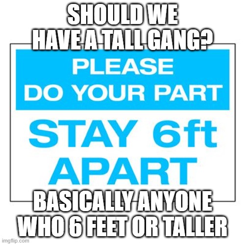 This is meant as a joke | SHOULD WE HAVE A TALL GANG? BASICALLY ANYONE WHO 6 FEET OR TALLER | image tagged in 6 feet apart | made w/ Imgflip meme maker