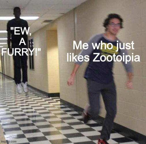 floating boy chasing running boy | "EW,  A FURRY!"; Me who just likes Zootoipia | image tagged in floating boy chasing running boy | made w/ Imgflip meme maker