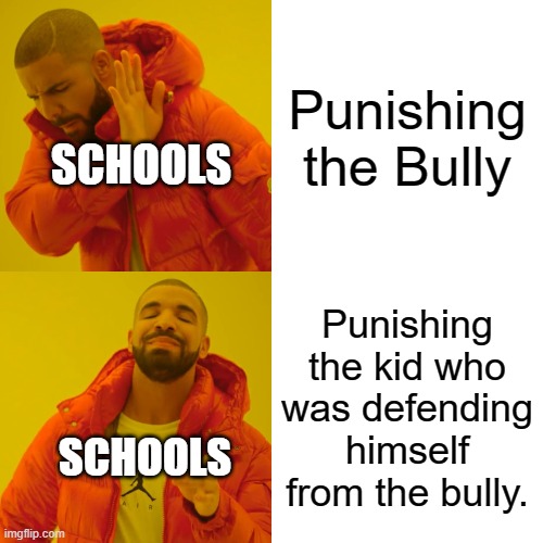 Based on a true story | Punishing the Bully; SCHOOLS; Punishing the kid who was defending himself from the bully. SCHOOLS | image tagged in memes,drake hotline bling | made w/ Imgflip meme maker