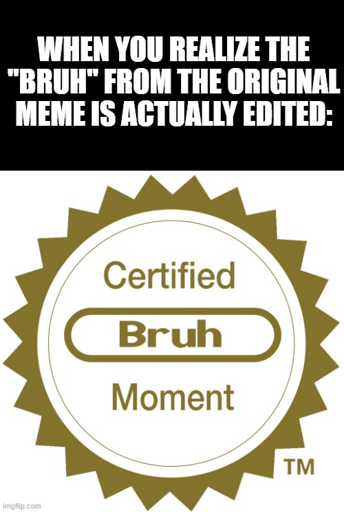 How shocking | WHEN YOU REALIZE THE "BRUH" FROM THE ORIGINAL MEME IS ACTUALLY EDITED: | image tagged in certified bruh moment,bruh,bruh moment,video edition,memes,wtf | made w/ Imgflip meme maker