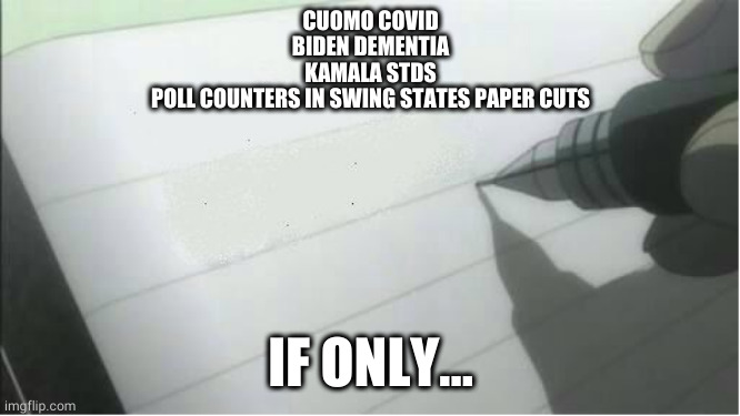 death Note | CUOMO COVID
BIDEN DEMENTIA
KAMALA STDS
POLL COUNTERS IN SWING STATES PAPER CUTS; IF ONLY... | image tagged in death note blank | made w/ Imgflip meme maker