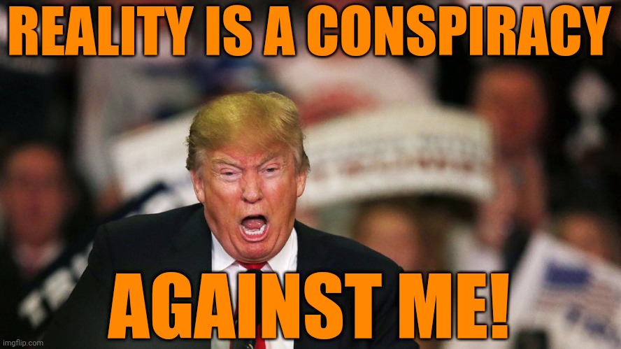 Trump yelling | REALITY IS A CONSPIRACY; AGAINST ME! | image tagged in evil,insanity,death | made w/ Imgflip meme maker